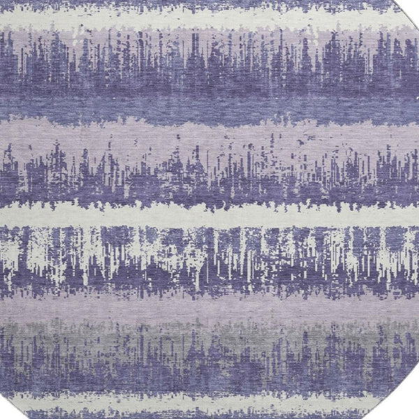 HomeRoots 8' Purple And Ivory Striped Washable Round Rug with UV Protection for High-Traffic Areas & Kids 679537