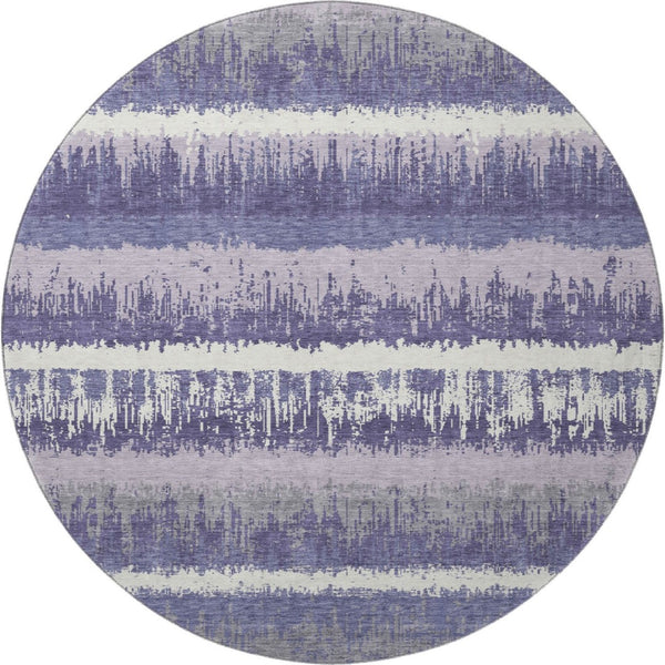 HomeRoots 8' Purple And Ivory Striped Washable Round Rug with UV Protection for High-Traffic Areas & Kids 679537