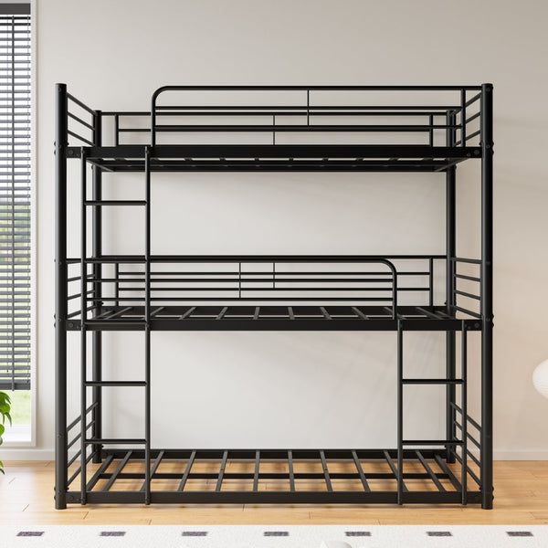 English Elm Triple Twin Metal Bunk Bed with Dual Ladders and Guardrails for Shared Rooms W840S00004