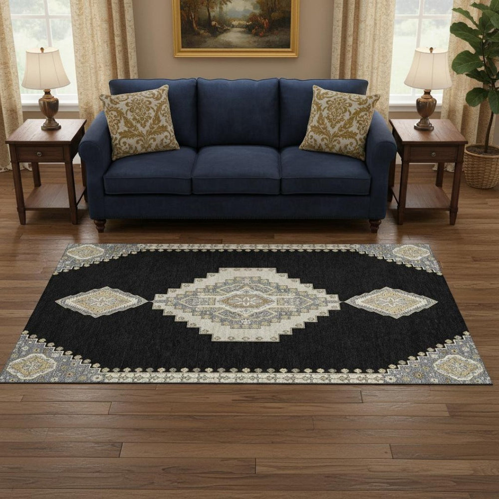 HomeRoots 5' X 8' Black Beige Gold Oriental Washable Area Rug – Stylish, Stain Resistant, UV Protected Home Accent 679542