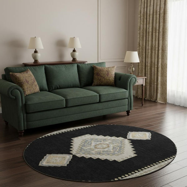 HomeRoots 8' Elegant Black, Beige & Gold Oriental Round Rug - Washable, UV Protected & Stain Resistant Design 679543