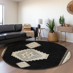 HomeRoots 8' Elegant Black, Beige & Gold Oriental Round Rug - Washable, UV Protected & Stain Resistant Design 679543