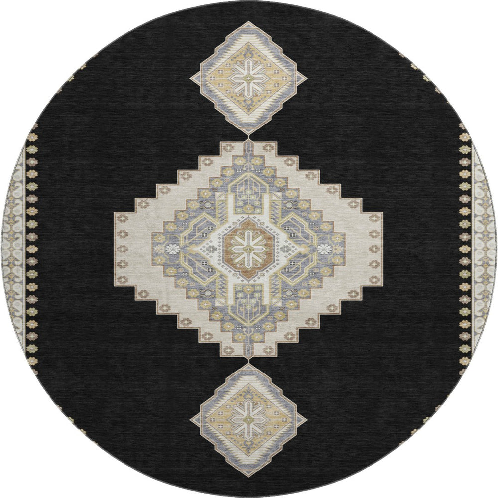 HomeRoots 8' Elegant Black, Beige & Gold Oriental Round Rug - Washable, UV Protected & Stain Resistant Design 679543