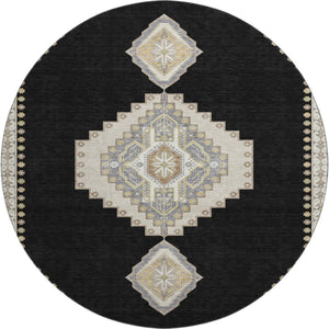 HomeRoots 8' Elegant Black, Beige & Gold Oriental Round Rug - Washable, UV Protected & Stain Resistant Design 679543