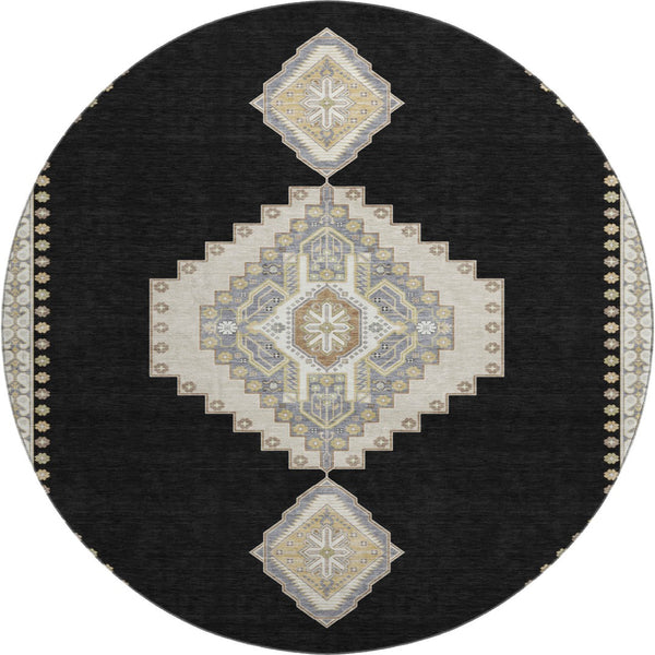 HomeRoots 8' Elegant Black, Beige & Gold Oriental Round Rug - Washable, UV Protected & Stain Resistant Design 679543