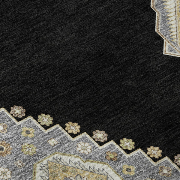 HomeRoots 8' Elegant Black, Beige & Gold Oriental Round Rug - Washable, UV Protected & Stain Resistant Design 679543