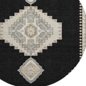 HomeRoots 8' Elegant Black, Beige & Gold Oriental Round Rug - Washable, UV Protected & Stain Resistant Design 679543