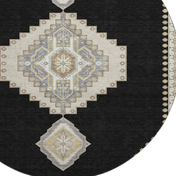 HomeRoots 8' Elegant Black, Beige & Gold Oriental Round Rug - Washable, UV Protected & Stain Resistant Design 679543