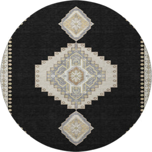 HomeRoots 8' Elegant Black, Beige & Gold Oriental Round Rug - Washable, UV Protected & Stain Resistant Design 679543