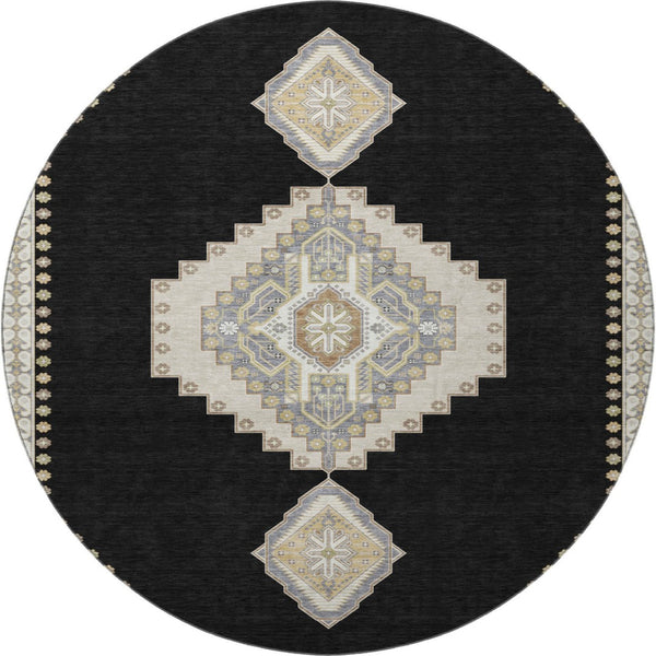 HomeRoots 8' Elegant Black, Beige & Gold Oriental Round Rug - Washable, UV Protected & Stain Resistant Design 679543