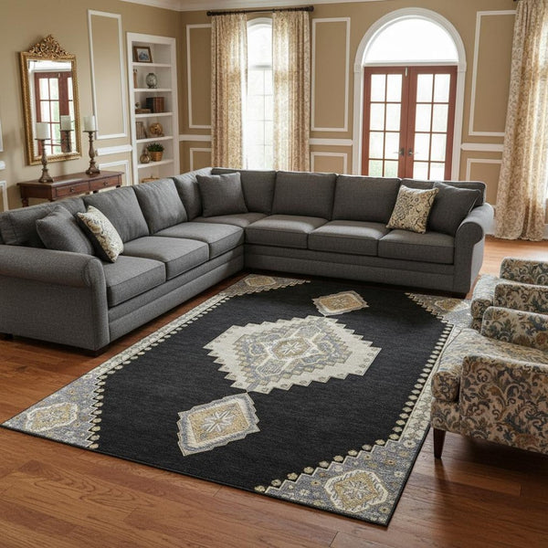 HomeRoots 8' X 10' Elegant Black Beige Gold Oriental Area Rug - Washable, UV Protected, Stain Resistant Design 679544