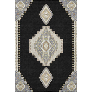 HomeRoots 8' X 10' Elegant Black Beige Gold Oriental Area Rug - Washable, UV Protected, Stain Resistant Design 679544
