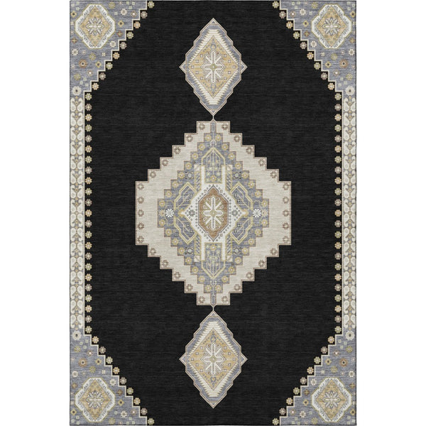 HomeRoots 8' X 10' Elegant Black Beige Gold Oriental Area Rug - Washable, UV Protected, Stain Resistant Design 679544