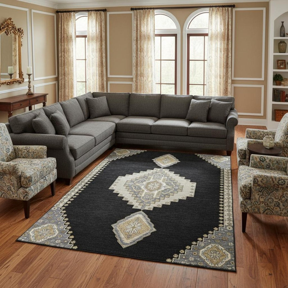 HomeRoots 9' X 12' Elegant Black, Beige & Gold Oriental Washable Area Rug with UV Protection for Any Room 679545