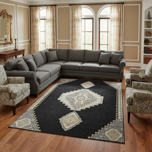 HomeRoots 9' X 12' Elegant Black, Beige & Gold Oriental Washable Area Rug with UV Protection for Any Room 679545