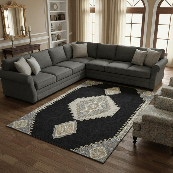 HomeRoots 10' X 14' Elegant Black Beige Gold Oriental Washable Area Rug with UV Protection for Active Homes 679546