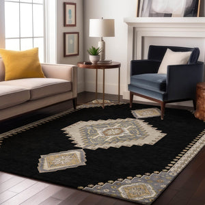 HomeRoots 10' X 14' Elegant Black Beige Gold Oriental Washable Area Rug with UV Protection for Active Homes 679546