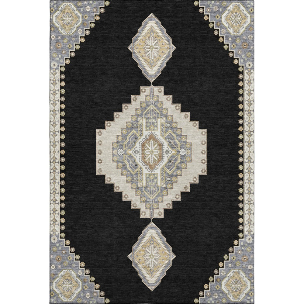 HomeRoots 10' X 14' Elegant Black Beige Gold Oriental Washable Area Rug with UV Protection for Active Homes 679546