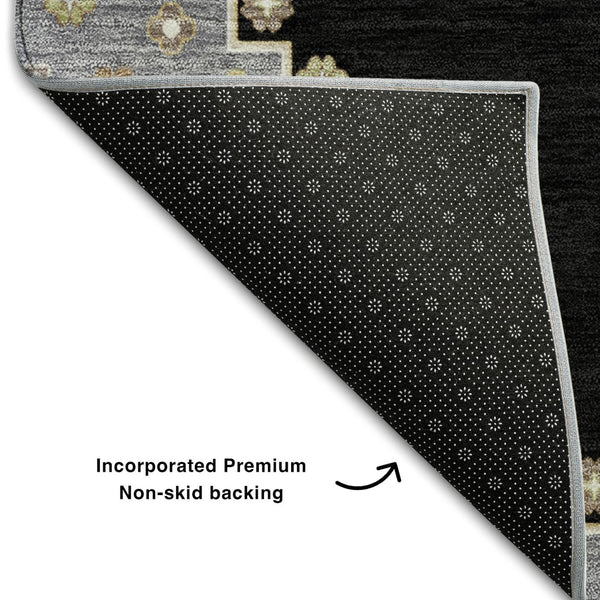 HomeRoots 10' X 14' Elegant Black Beige Gold Oriental Washable Area Rug with UV Protection for Active Homes 679546