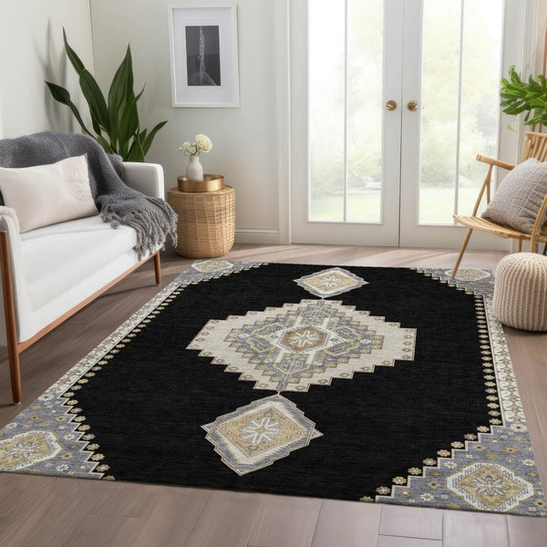 HomeRoots 10' X 14' Elegant Black Beige Gold Oriental Washable Area Rug with UV Protection for Active Homes 679546