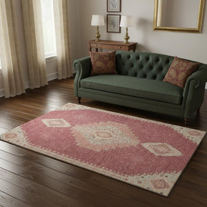 HomeRoots 5' X 8' Blush Gray & Pink Oriental Washable Area Rug - Stain Resistant, UV Protected, Soft & Stylish! 679548