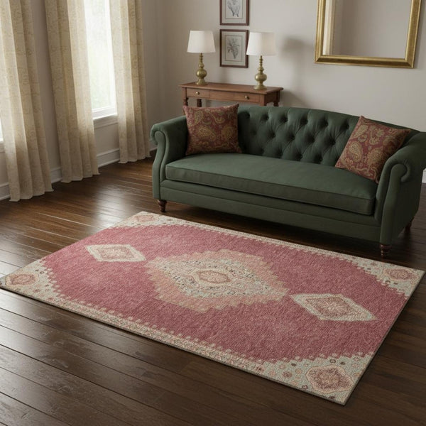 HomeRoots 5' X 8' Blush Gray & Pink Oriental Washable Area Rug - Stain Resistant, UV Protected, Soft & Stylish! 679548