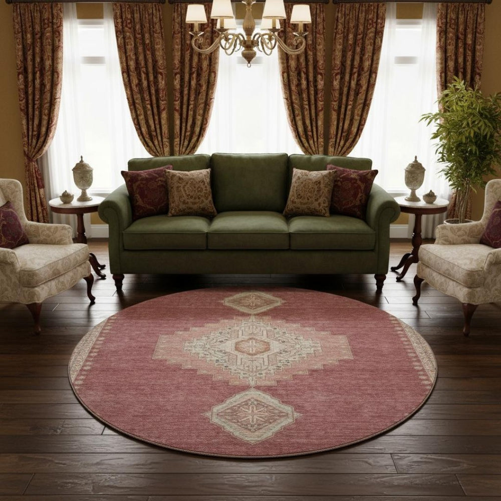 HomeRoots 8' Blush Gray and Pink Oriental Round Rug – Washable, UV Protected, Stylish & Practical for Any Space 679549