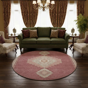 HomeRoots 8' Blush Gray and Pink Oriental Round Rug – Washable, UV Protected, Stylish & Practical for Any Space 679549