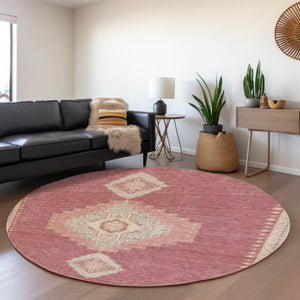 HomeRoots 8' Blush Gray and Pink Oriental Round Rug – Washable, UV Protected, Stylish & Practical for Any Space 679549