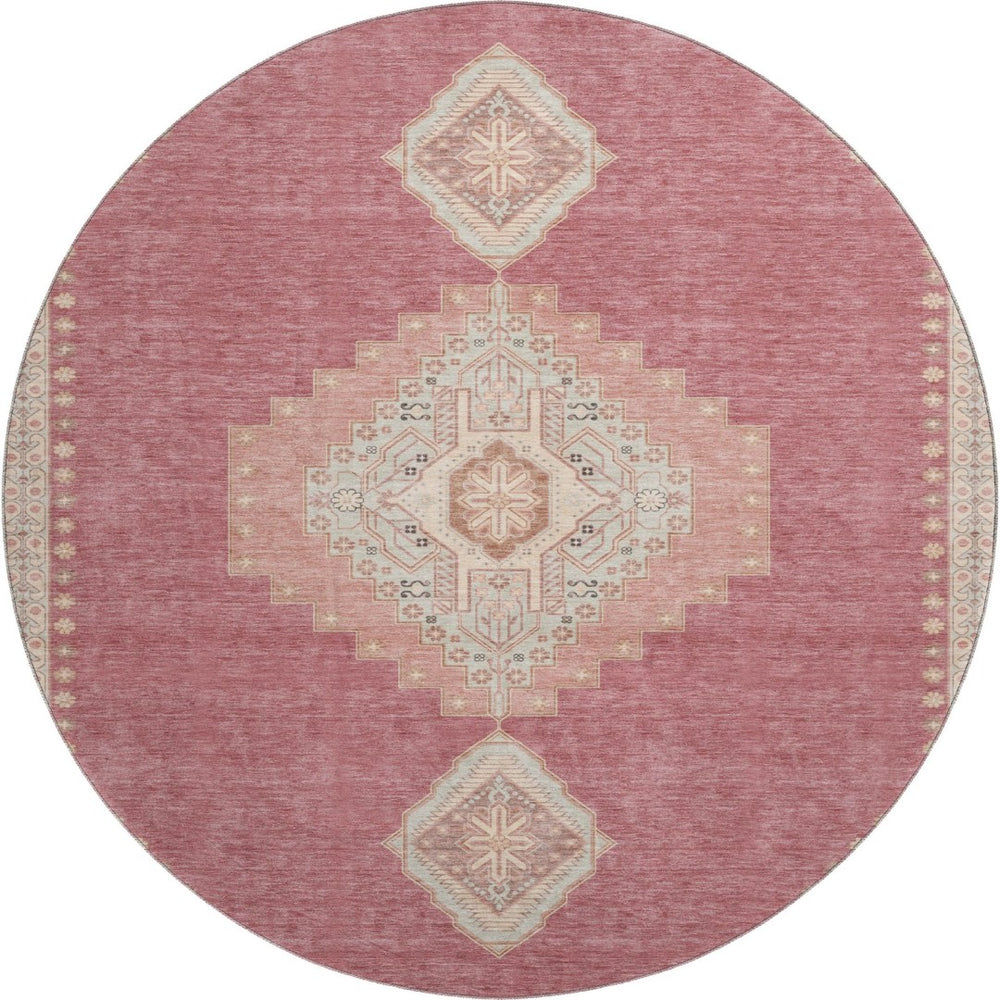 HomeRoots 8' Blush Gray and Pink Oriental Round Rug – Washable, UV Protected, Stylish & Practical for Any Space 679549