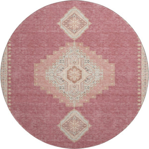 HomeRoots 8' Blush Gray and Pink Oriental Round Rug – Washable, UV Protected, Stylish & Practical for Any Space 679549