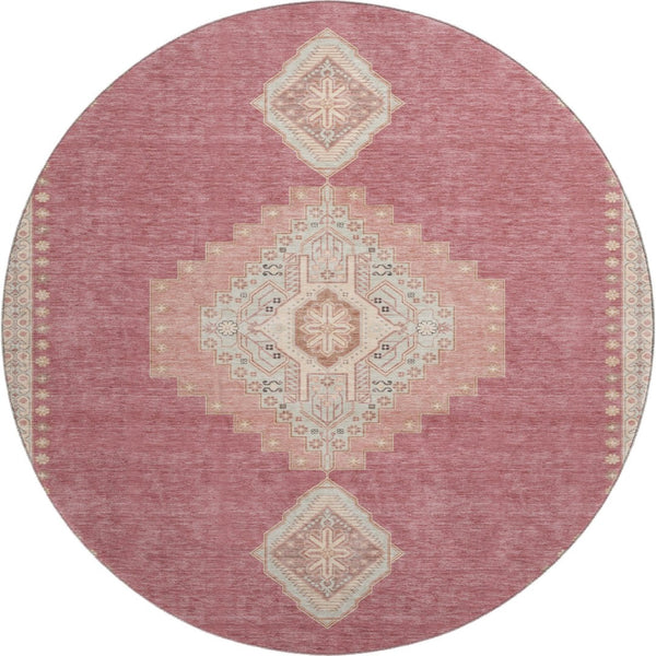 HomeRoots 8' Blush Gray and Pink Oriental Round Rug – Washable, UV Protected, Stylish & Practical for Any Space 679549