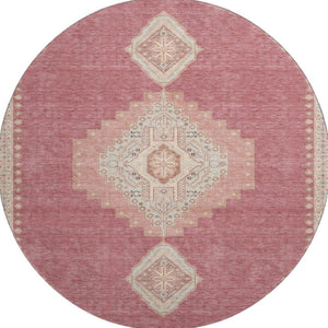 HomeRoots 8' Blush Gray and Pink Oriental Round Rug – Washable, UV Protected, Stylish & Practical for Any Space 679549