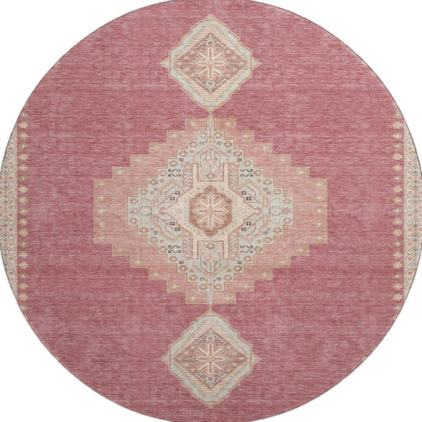 HomeRoots 8' Blush Gray and Pink Oriental Round Rug – Washable, UV Protected, Stylish & Practical for Any Space 679549