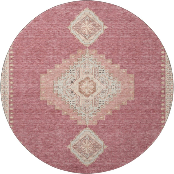 HomeRoots 8' Blush Gray and Pink Oriental Round Rug – Washable, UV Protected, Stylish & Practical for Any Space 679549