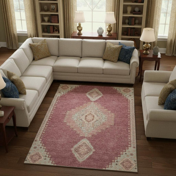 HomeRoots 8' X 10' Blush Gray & Pink Oriental Area Rug - Stain-Resistant, UV Protected, Machine Washable Elegance 679550