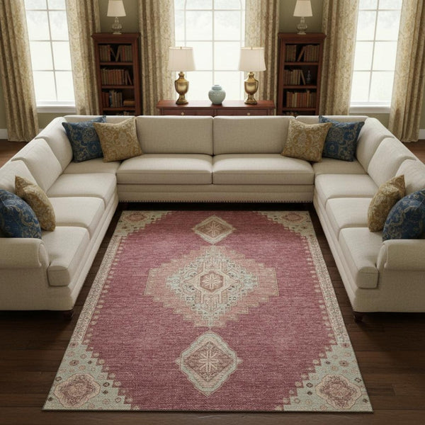 HomeRoots 10' X 14' Blush Gray & Pink Oriental Washable Area Rug - Elegant, UV-Protected, Family-Friendly Design 679552