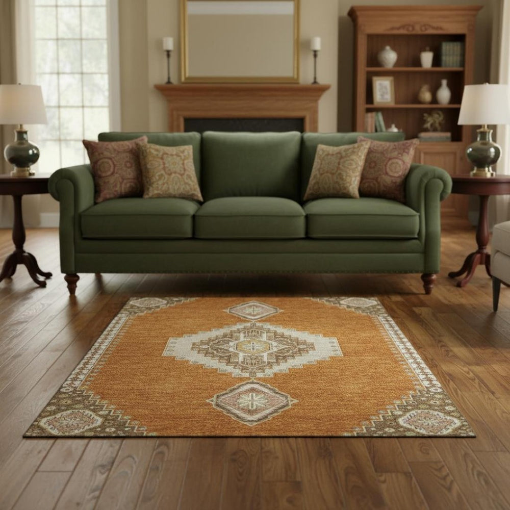 HomeRoots 5' X 8' Copper Gold Beige Oriental Area Rug - Washable, UV Protected, Durable & Stylish for Homes 679554
