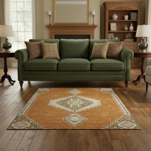 HomeRoots 5' X 8' Copper Gold Beige Oriental Area Rug - Washable, UV Protected, Durable & Stylish for Homes 679554