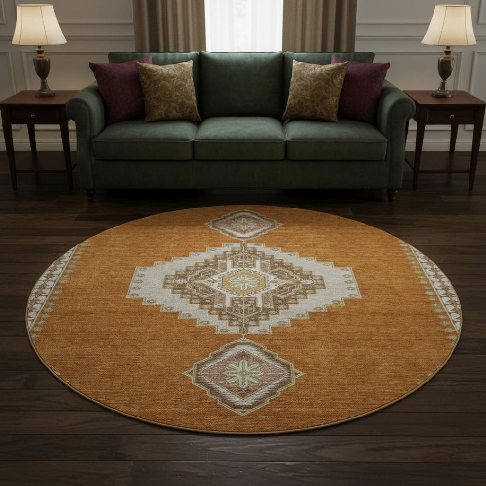 HomeRoots 8' Copper Gold Beige Oriental Washable Round Rug - Durable, Stylish, UV Protected for Busy Homes 679555