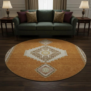 HomeRoots 8' Copper Gold Beige Oriental Washable Round Rug - Durable, Stylish, UV Protected for Busy Homes 679555