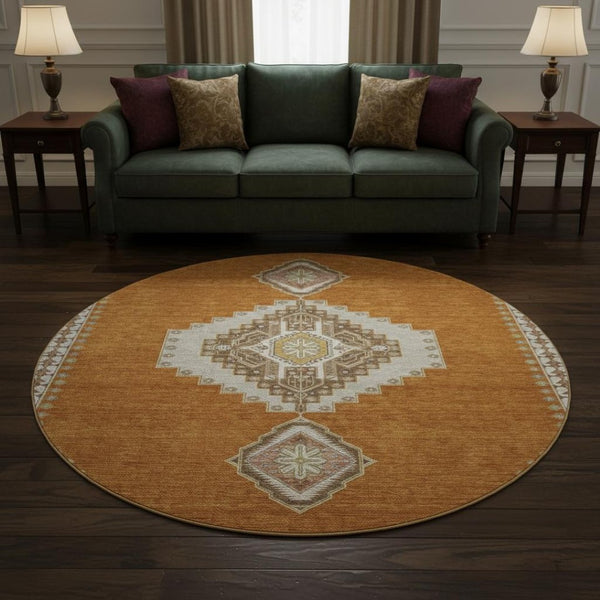 HomeRoots 8' Copper Gold Beige Oriental Washable Round Rug - Durable, Stylish, UV Protected for Busy Homes 679555