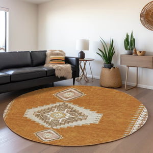 HomeRoots 8' Copper Gold Beige Oriental Washable Round Rug - Durable, Stylish, UV Protected for Busy Homes 679555
