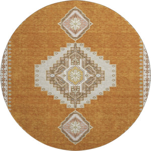 HomeRoots 8' Copper Gold Beige Oriental Washable Round Rug - Durable, Stylish, UV Protected for Busy Homes 679555