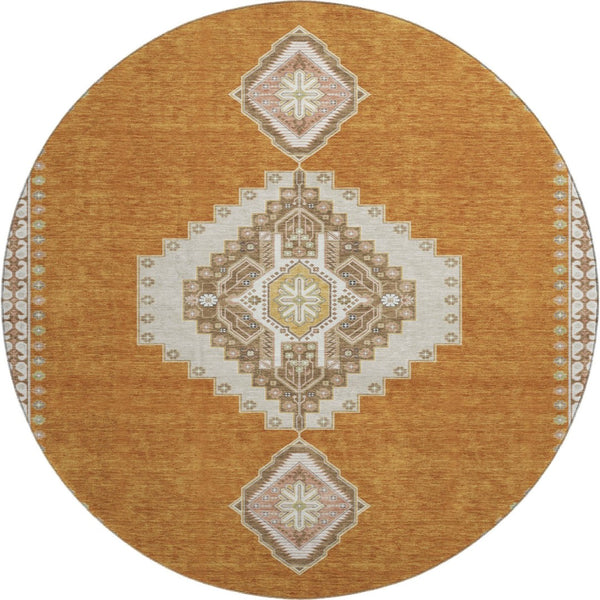HomeRoots 8' Copper Gold Beige Oriental Washable Round Rug - Durable, Stylish, UV Protected for Busy Homes 679555