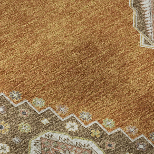 HomeRoots 8' Copper Gold Beige Oriental Washable Round Rug - Durable, Stylish, UV Protected for Busy Homes 679555