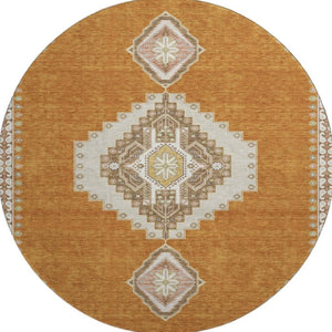 HomeRoots 8' Copper Gold Beige Oriental Washable Round Rug - Durable, Stylish, UV Protected for Busy Homes 679555