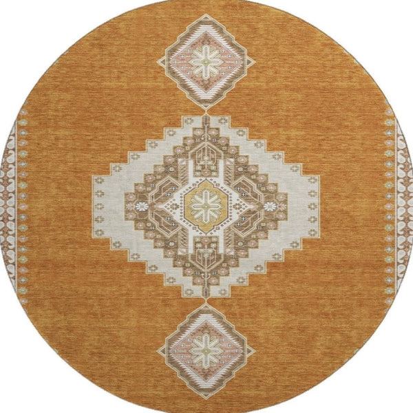 HomeRoots 8' Copper Gold Beige Oriental Washable Round Rug - Durable, Stylish, UV Protected for Busy Homes 679555