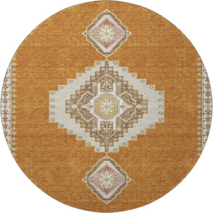 HomeRoots 8' Copper Gold Beige Oriental Washable Round Rug - Durable, Stylish, UV Protected for Busy Homes 679555