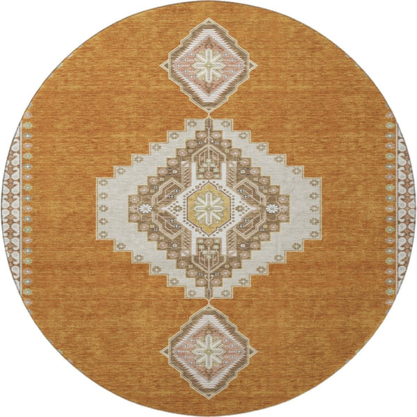 HomeRoots 8' Copper Gold Beige Oriental Washable Round Rug - Durable, Stylish, UV Protected for Busy Homes 679555